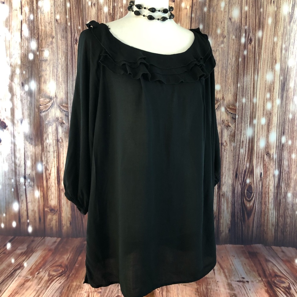 CHELSEA STUDIO Black 3/4 Sleeve Ruffle Neck Top - Picture 2 of 8